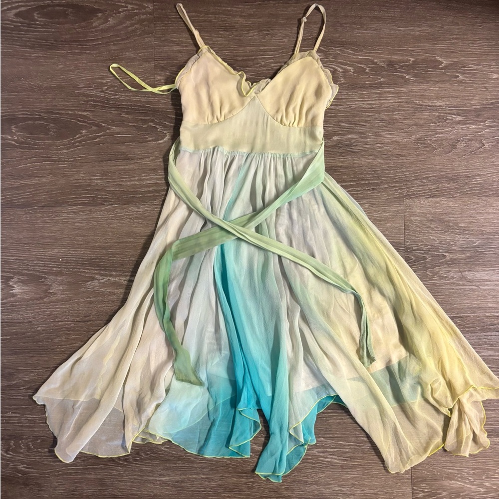 Vintage 2000s Lipsy London Pastel Yellow, Mint & Aqua Ombre Silk Chiffon Dress